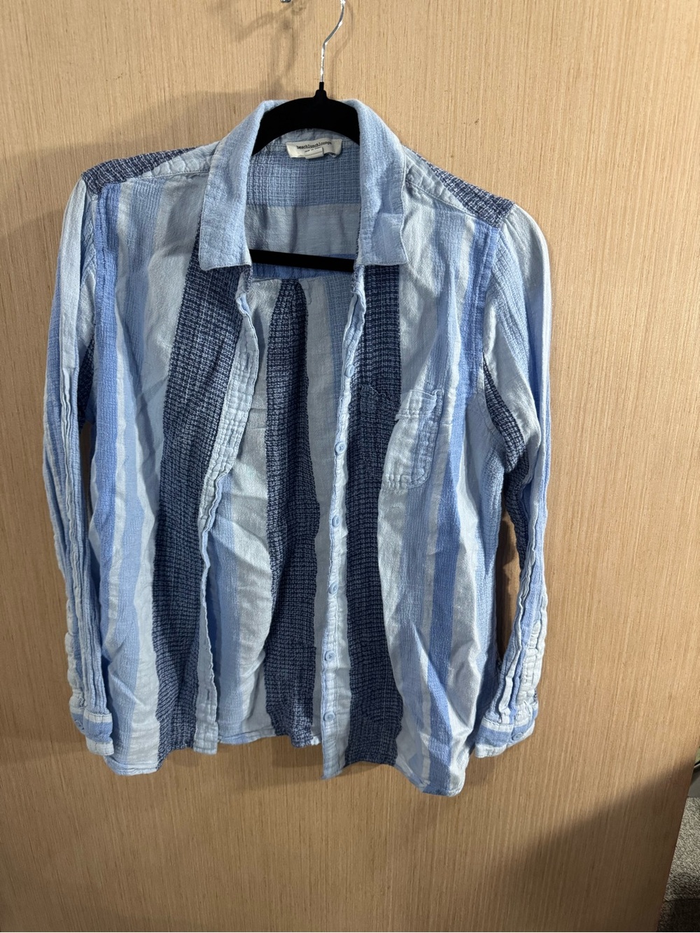 beachlunchlounge Linen Blend Striped Light Blue Navy Button-Up Shirt Jacket Med
